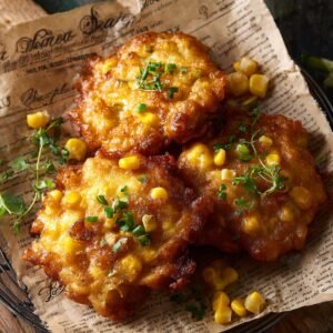 Three golden corn fritters piled on vintage newsprint parchment, sprinkled with chopped chives and loose corn kernels, set on a dark wire rack and rustic wooden surface.