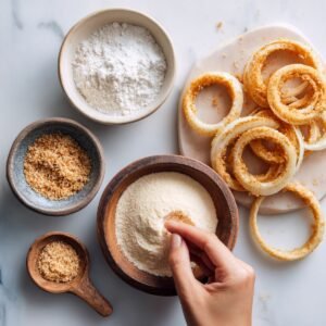 Hand dipping an onion ring into breadcrumbs; bowls of flour, batter, and crumbs on a marble counter.