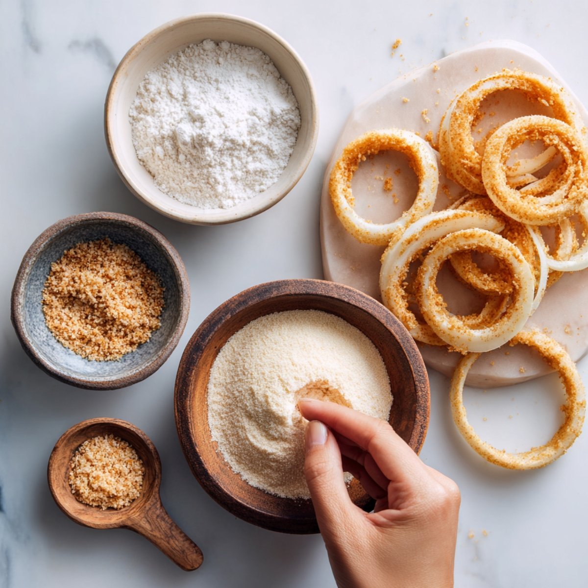 Hand dipping an onion ring into breadcrumbs; bowls of flour, batter, and crumbs on a marble counter.