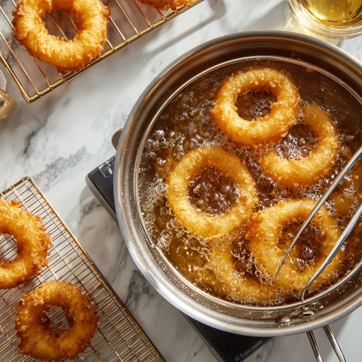 Golden onion rings frying in bubbling oil; tongs lift one while cooked rings cool on racks nearby.