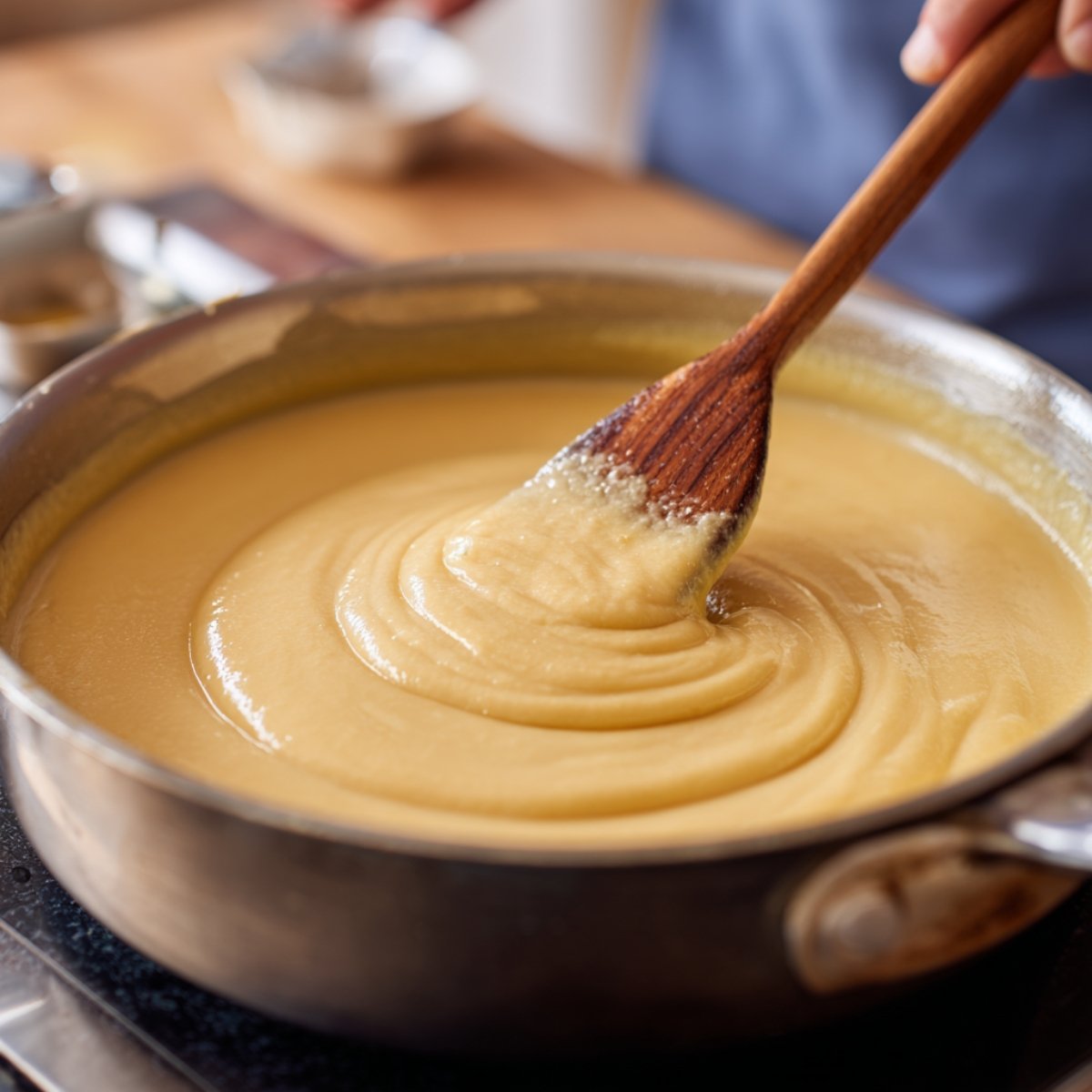 Honey pie custard filling in a saucepan being stirred with a wooden spoon, thick and creamy.