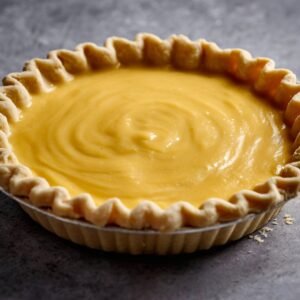 Unbaked honey pie with smooth golden custard in a fluted pie crust, set in a glass pie dish.