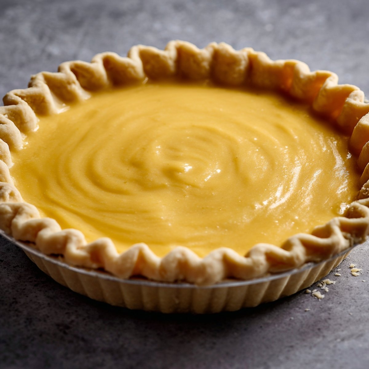 Unbaked honey pie with smooth golden custard in a fluted pie crust, set in a glass pie dish.
