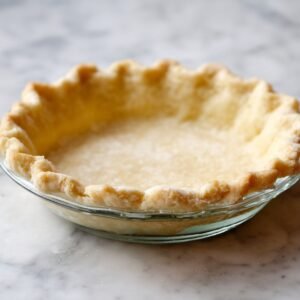 Prebaked pie crust with crimped edges in a clear glass dish, lightly golden and ready for filling.