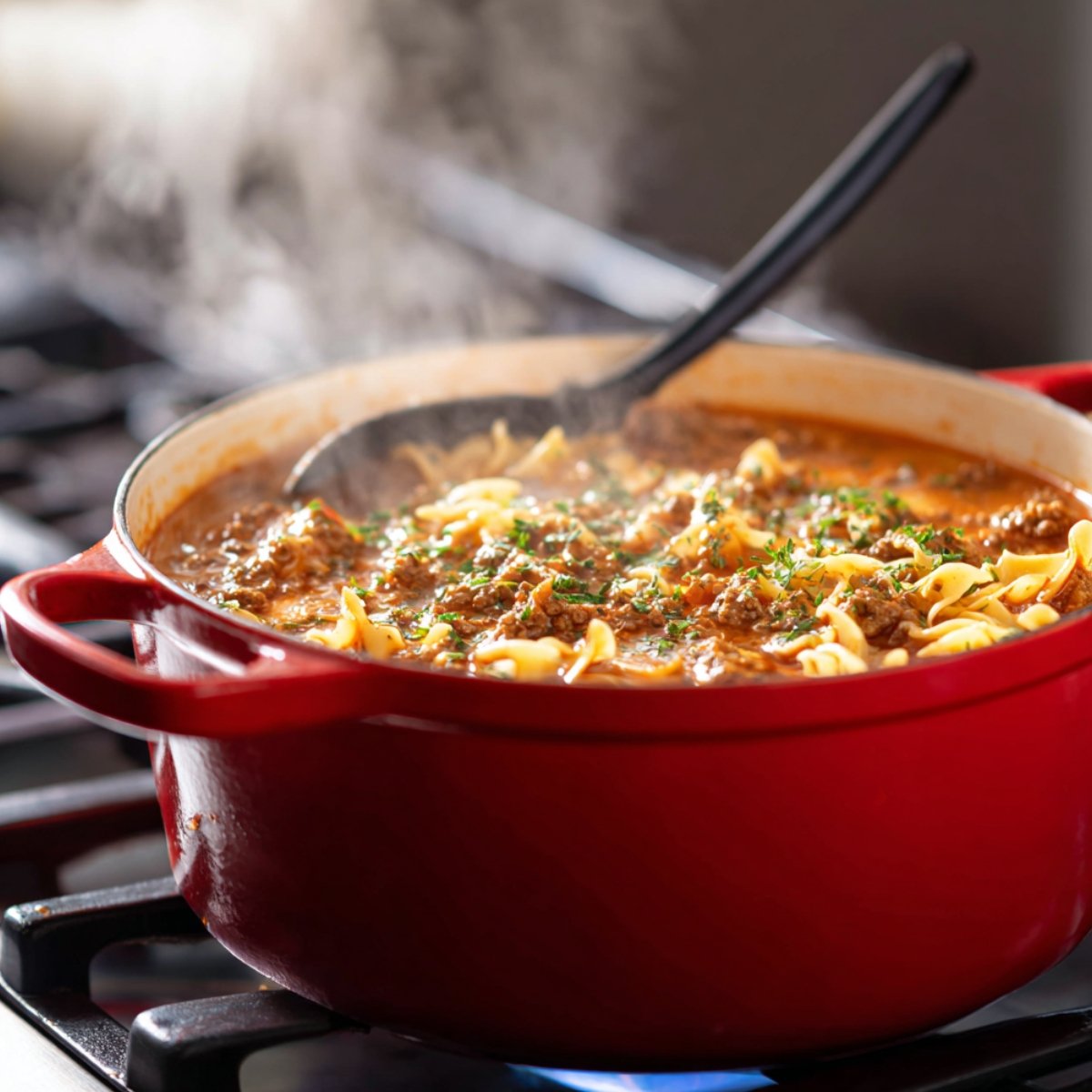 Side view of a red enameled pot on a stovetop burner, steaming tomato‑meat broth studded with broken lasagna noodles and flecks of parsley, a black ladle dipping into the soup.