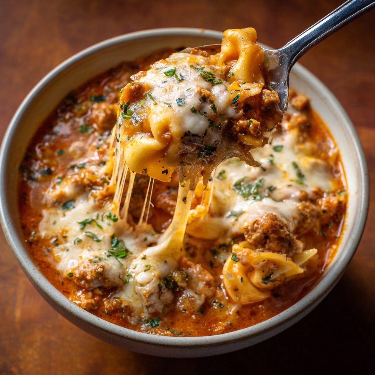 Close‑up of a ceramic bowl of lasagna soup topped with melted mozzarella and Parmesan, ground meat and ruffled pasta in tomato broth, as a spoon lifts a cheesy, pasta‑laden mouthful.