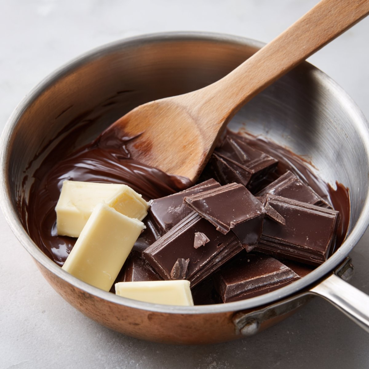 Chunks of dark and white chocolate melting with butter in a saucepan, stirred with a wooden spoon.