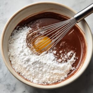 Bowl of chocolate cake batter being mixed with flour and a raw egg using a whisk.