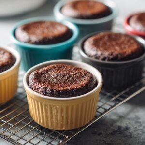 Freshly baked lava cakes in colorful ramekins cooling on a wire rack.