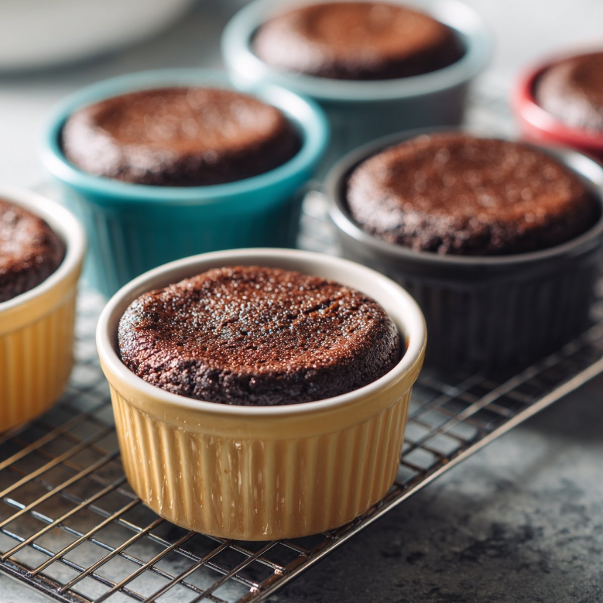 Freshly baked lava cakes in colorful ramekins cooling on a wire rack.