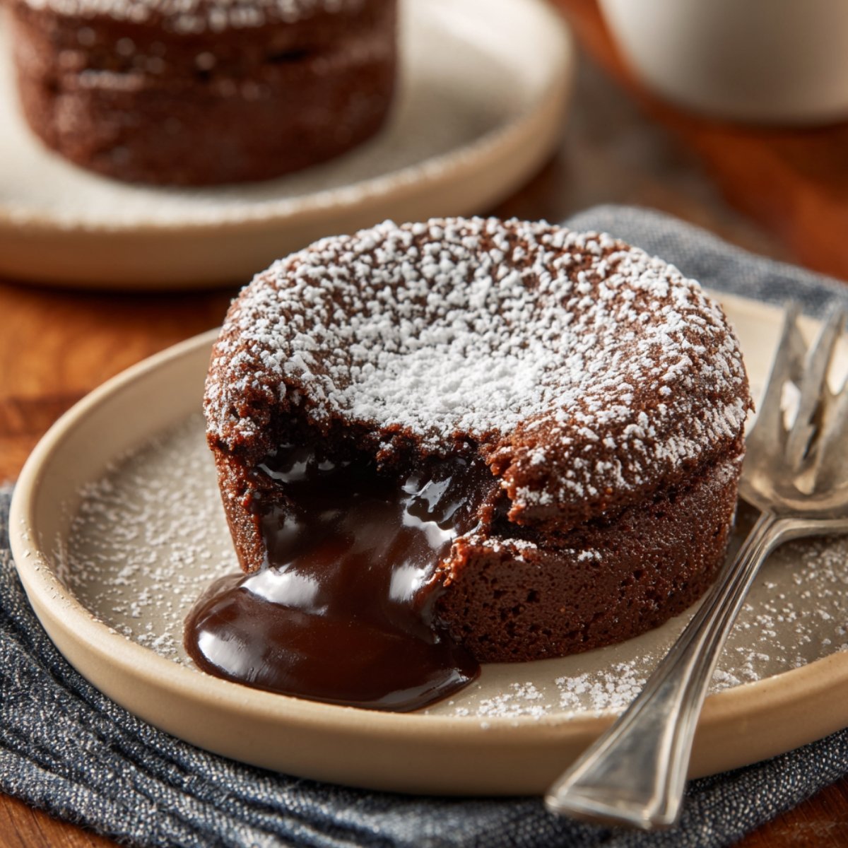 Molten chocolate lava cake with powdered sugar and a gooey chocolate center spilling out onto the plate.