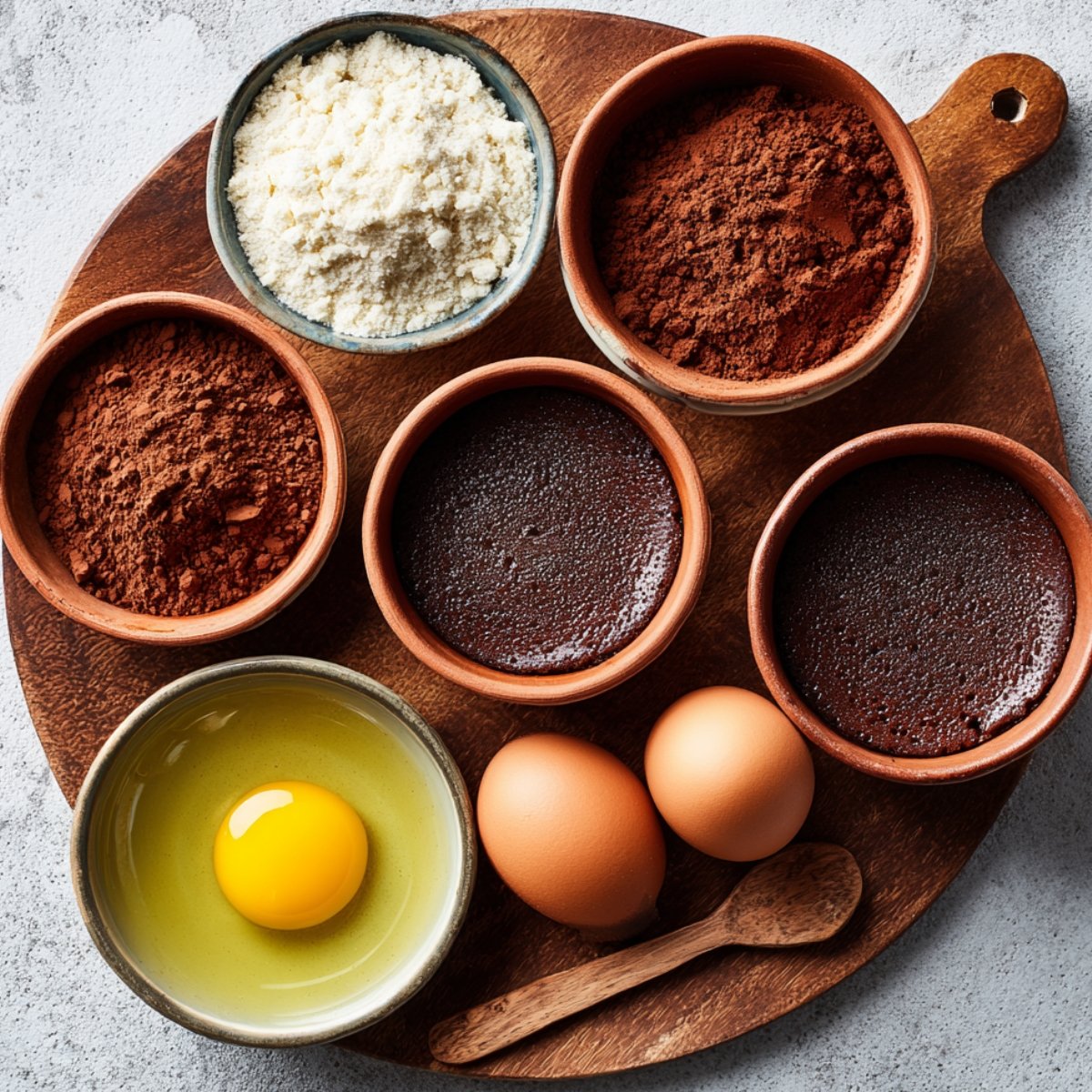 Top-down view of lava cake ingredients including eggs, cocoa powder, flour, and melted chocolate in small bowls on a wooden board.