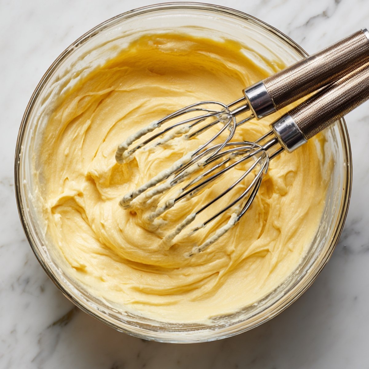 Overhead image of a clear glass mixing bowl containing smooth, creamy lemon batter with two electric‑mixer beaters resting inside on a white marble surface.