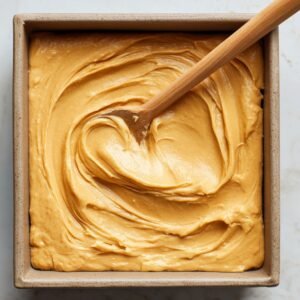 Bird’s‑eye shot of thick, pale lemon brownie batter being smoothed evenly in a square pan with a wooden spoon on a marble countertop