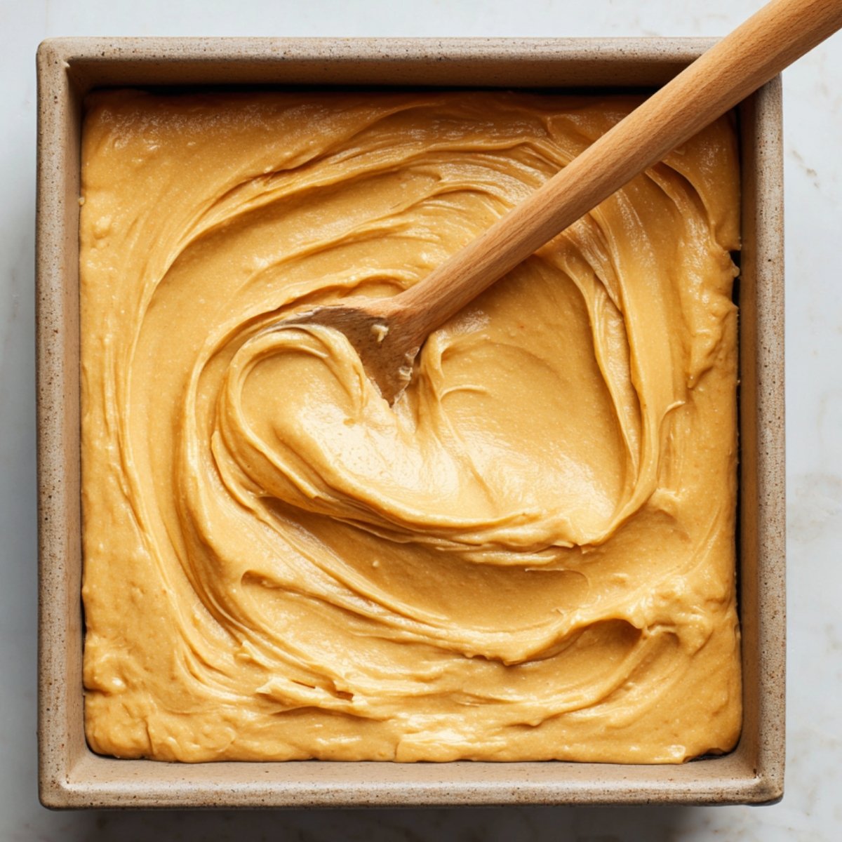 Bird’s‑eye shot of thick, pale lemon brownie batter being smoothed evenly in a square pan with a wooden spoon on a marble countertop