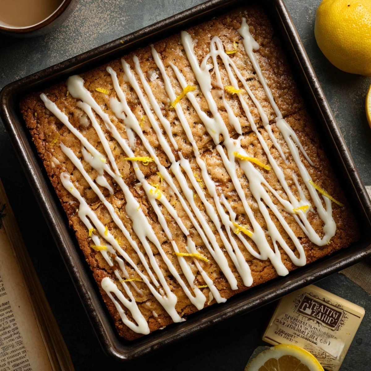 Top‑down view of a square metal pan filled with golden‑brown lemon brownies, drizzled in white glaze and sprinkled with lemon zest, with a coffee cup and fresh lemons nearby.