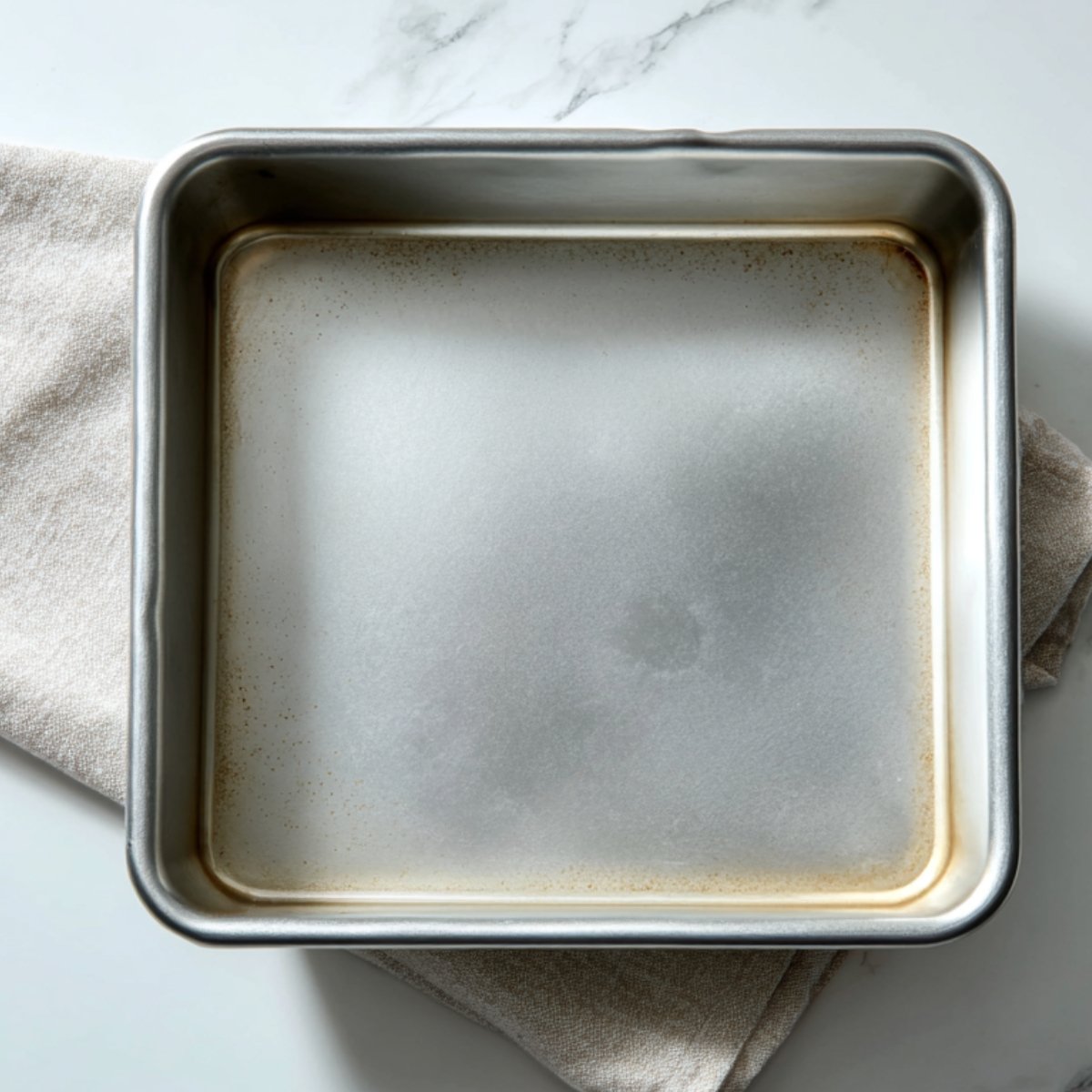Overhead shot of a square metal baking pan lightly greased, sitting on a folded beige kitchen towel against a marble background.