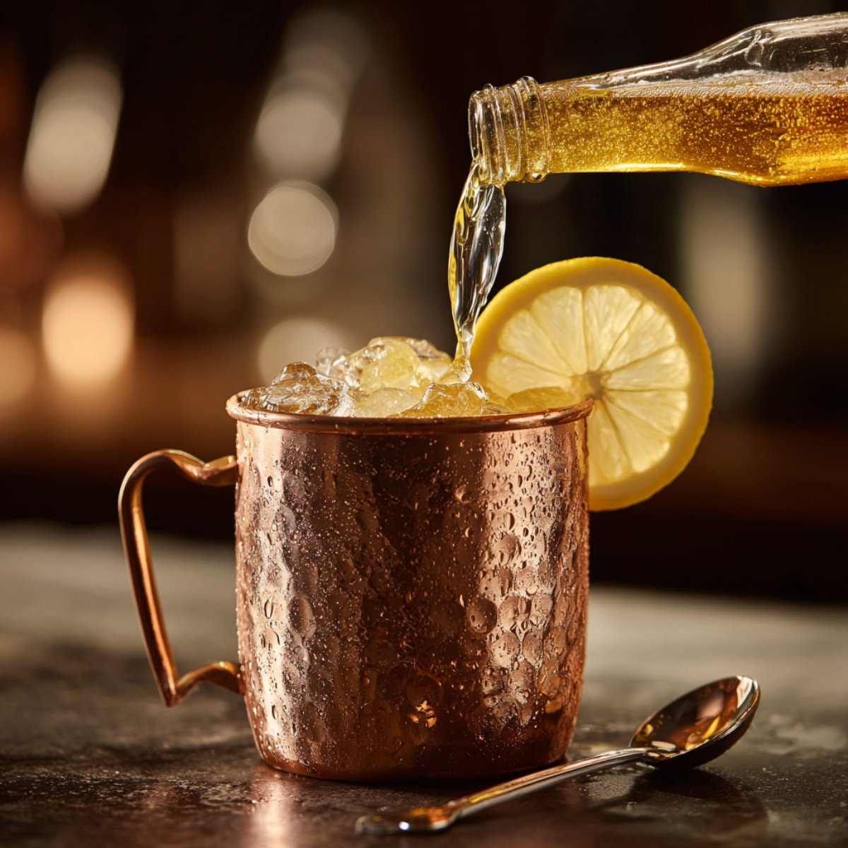 A ginger beer bottle being poured into a copper mug filled with crushed ice, garnished with a lemon slice, with a bar spoon on the table.
