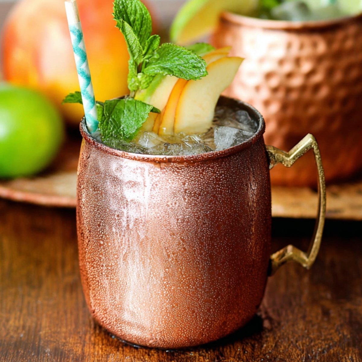 A refreshing Moscow Mule in a cold copper mug, garnished with mint, apple slices, and lime, with another mug and fruit in the background on a wooden table.