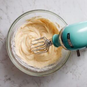 Top‑down view of a glass bowl on marble, pale, soft dough being mixed by a teal hand mixer.