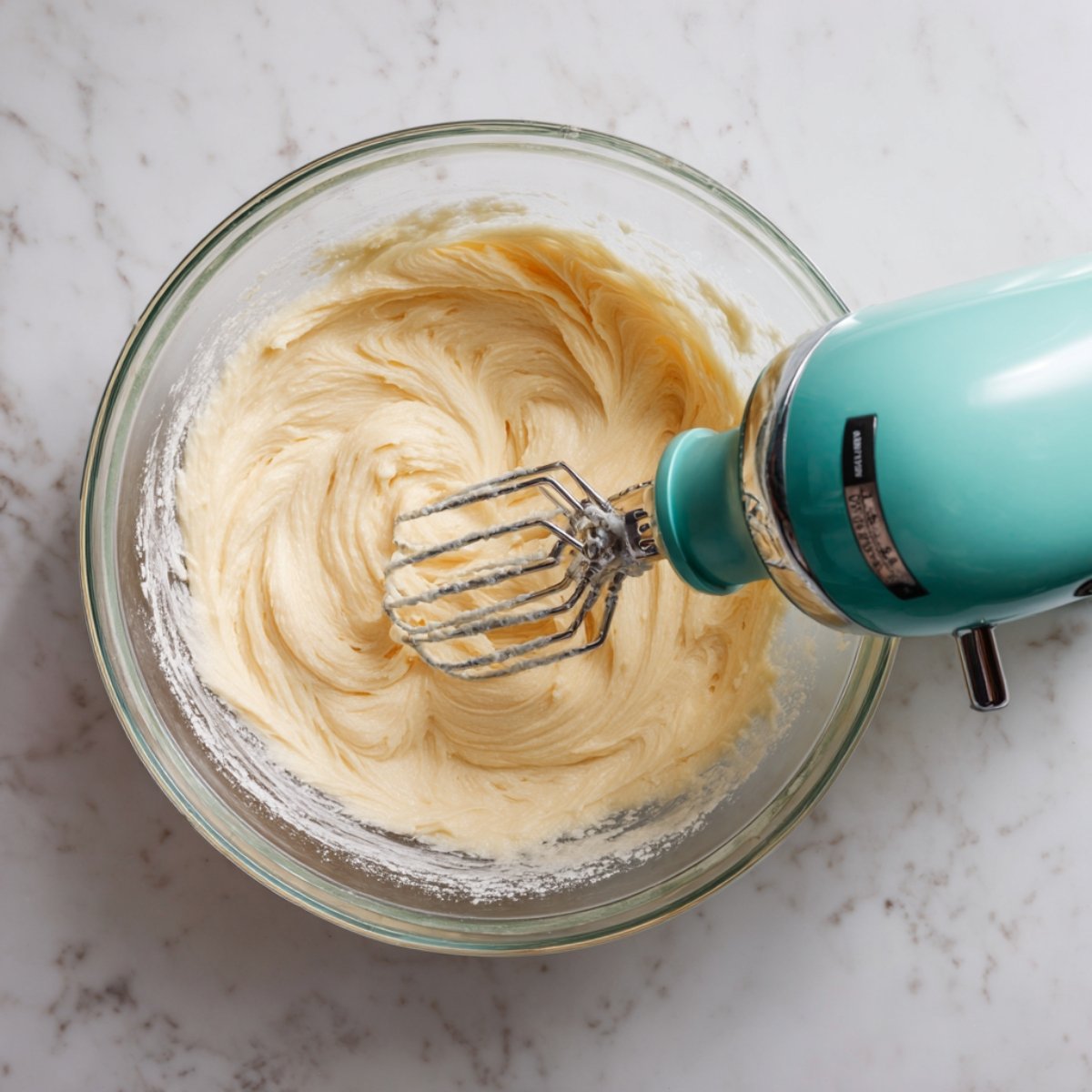 Top‑down view of a glass bowl on marble, pale, soft dough being mixed by a teal hand mixer.