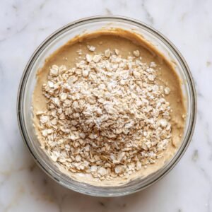 Flat‑lay of a glass bowl on a marble countertop holding smooth, light‑brown cookie batter topped with rolled oats, ready to be folded in.