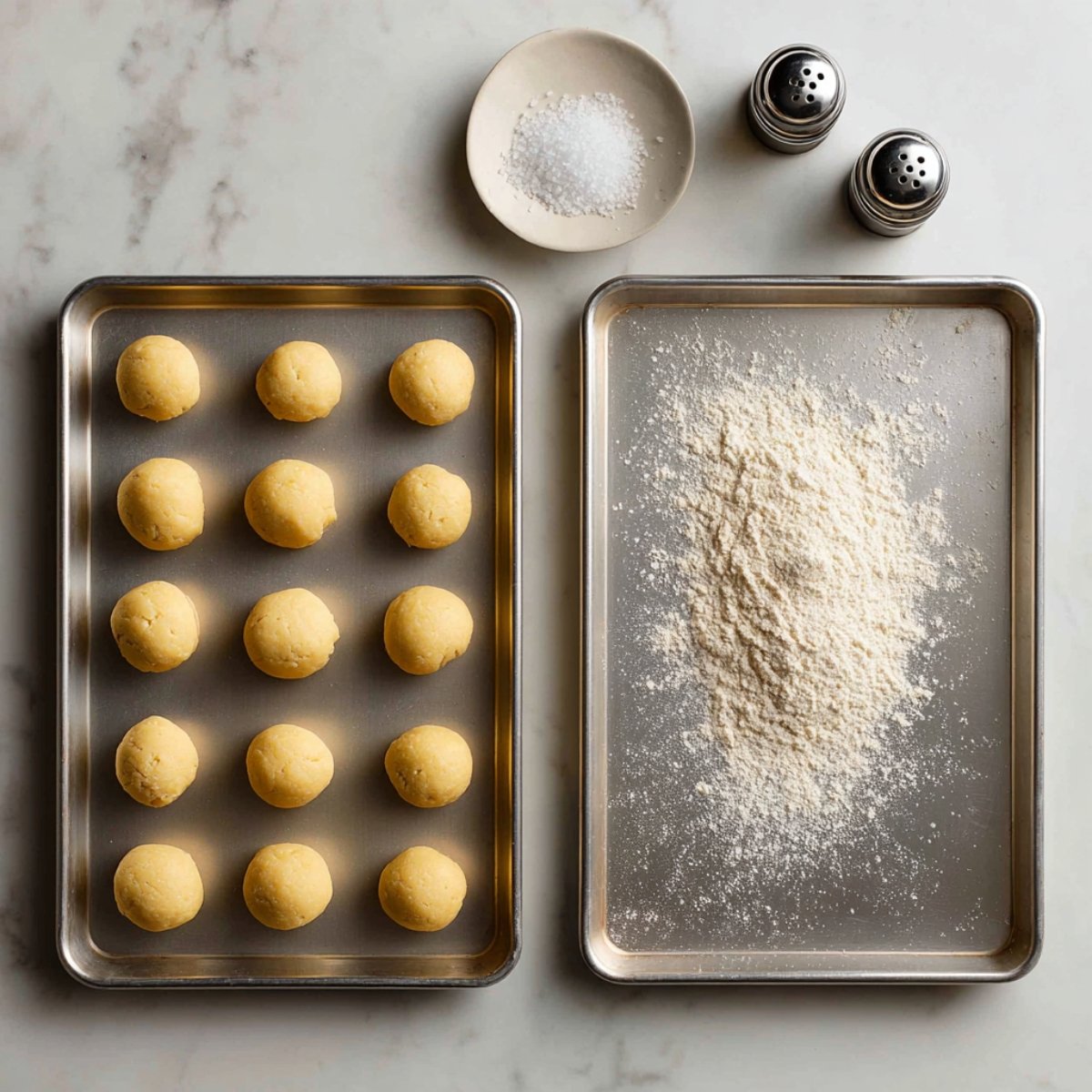 Two stainless‑steel baking sheets on a marble countertop—left sheet with fifteen evenly rolled cookie dough balls in neat rows, right sheet with a pile of flour and two small salt & pepper shakers above.