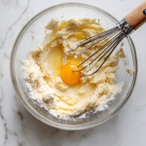 Overhead view of a glass mixing bowl on a marble countertop, showing fluffy creamed butter and sugar with a cracked egg in the center and a whisk resting inside.