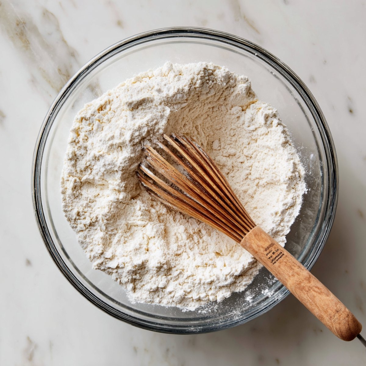 Overhead shot of a glass bowl on white marble containing flour and oats thoroughly whisked together with a wooden‑handled whisk