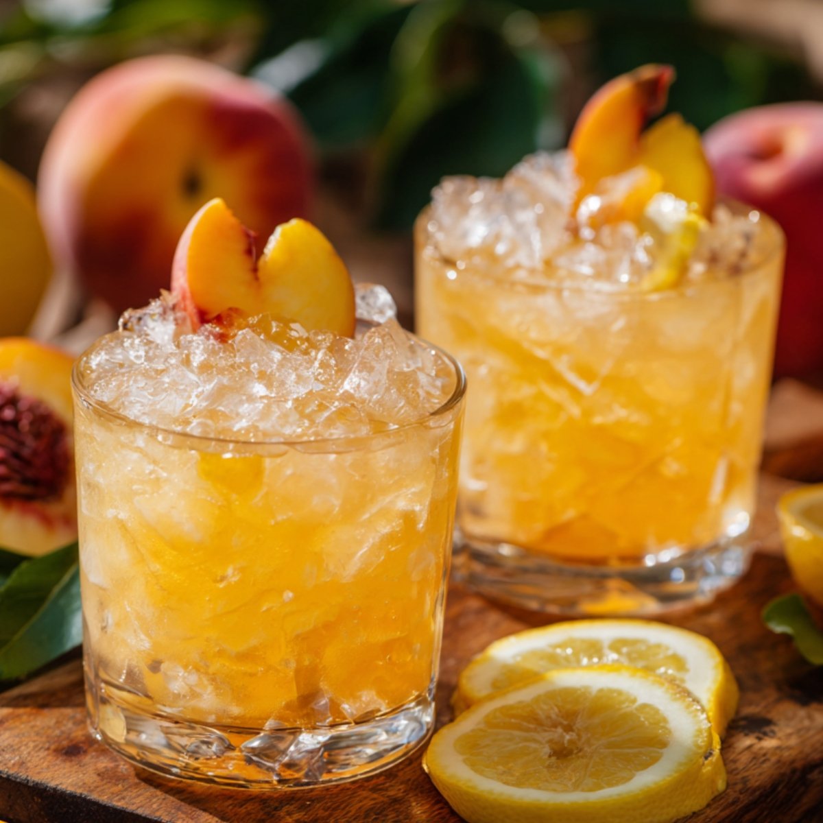 A clear glass pitcher pouring pale orange peach lemonade over crushed ice in a mason jar, with a second filled jar and striped paper straws softly blurred in the background.