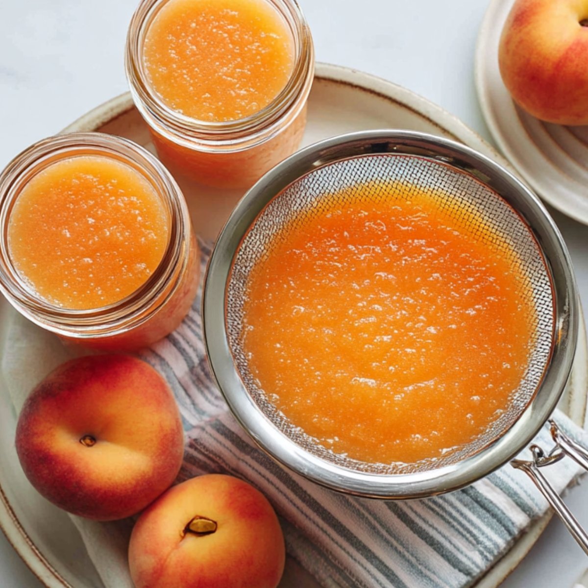 Top‑down view of a stainless‑steel saucepan on an induction cooktop, filled with halved peach slices gently simmering in liquid, surrounded by whole peaches and empty mason jars on a white countertop.