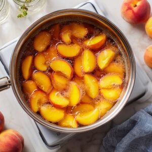 Two short clear glasses filled with crushed ice and peach lemonade, each garnished with a fresh peach wedge, set on a wooden board alongside sliced lemons and whole peaches.