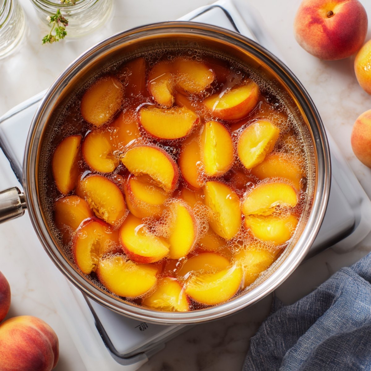 Two short clear glasses filled with crushed ice and peach lemonade, each garnished with a fresh peach wedge, set on a wooden board alongside sliced lemons and whole peaches.