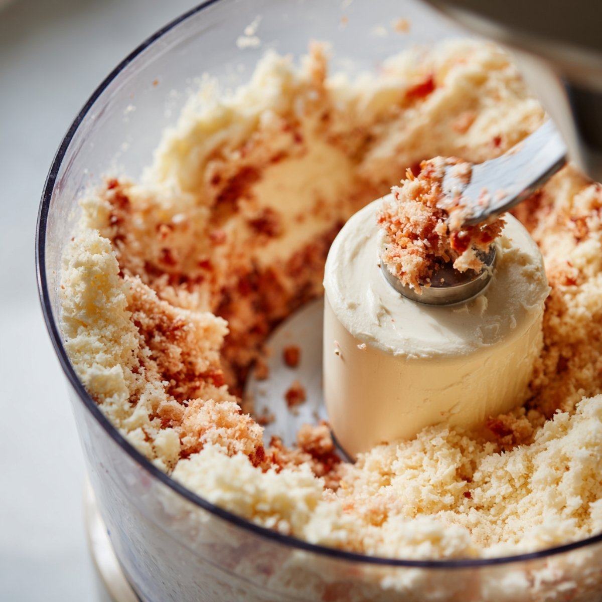 A high-quality photo showing a food processor filled with finely ground cheese and red pimentos. A spoon is scooping out a portion, showing the blended texture ready for forming or mixing.
