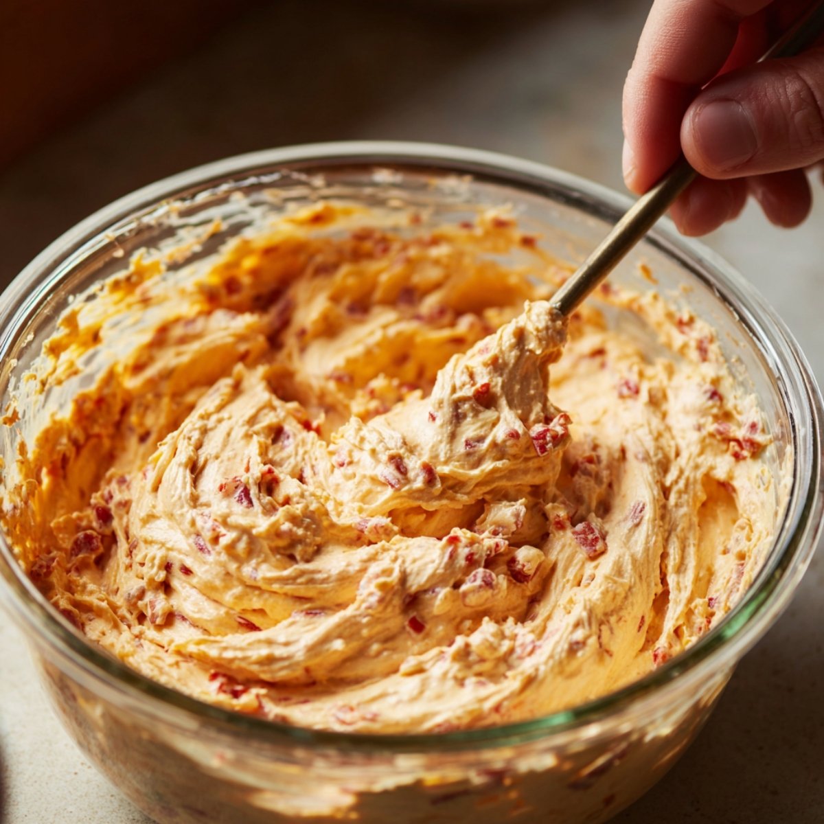 A close-up image of a hand mixing creamy pimento cheese in a glass bowl with a spoon. The mixture contains whipped cheese and finely chopped red pimentos, creating a fluffy and rich texture.