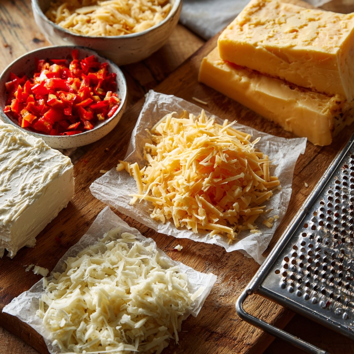 A detailed flat-lay of shredded cheddar and white cheeses, diced red pimentos, cream cheese, and a box grater on a rustic wooden surface, showing all ingredients for making pimento cheese.