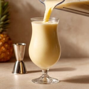 A creamy pale-yellow Piña Colada blend streaming from a blender spout into a tall glass, with a stainless-steel jigger and a whole pineapple softly out of focus on a light beige countertop.