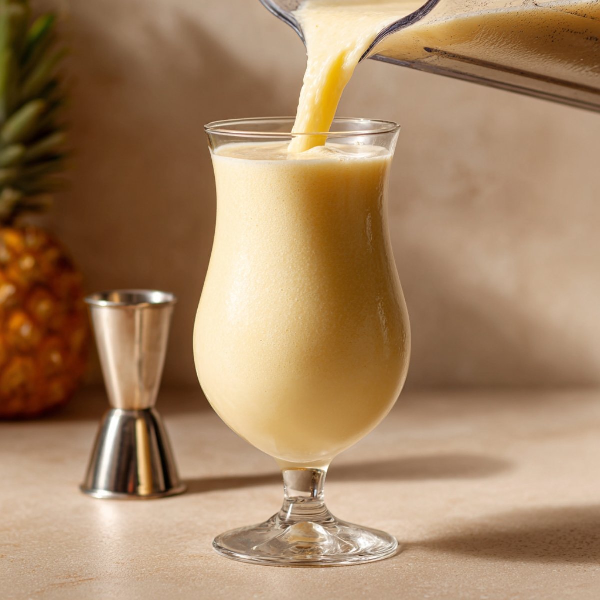 A creamy pale-yellow Piña Colada blend streaming from a blender spout into a tall glass, with a stainless-steel jigger and a whole pineapple softly out of focus on a light beige countertop.