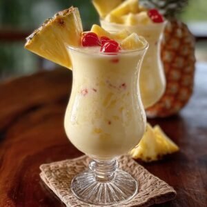 A close-up of two frosty Piña Colada cocktails in curved hurricane glasses on a dark wooden table; each topped with a pineapple wedge and red maraschino cherry, one sharply in focus and the other softly blurred behind.