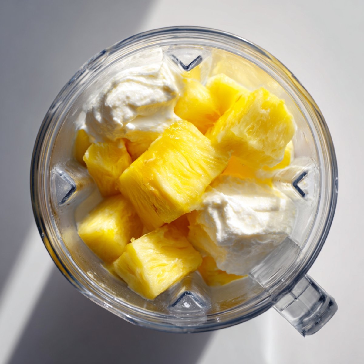 Top-down view into a clear blender jar containing thick coconut cream and bright yellow pineapple chunks, illuminated by natural light on a clean white surface