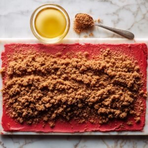 “Top‑down image of the red‑velvet dough slab on marble, a spoon scattering crumbly cinnamon–brown‑sugar filling evenly across its surface, and a small bowl of melted butter at the edge.