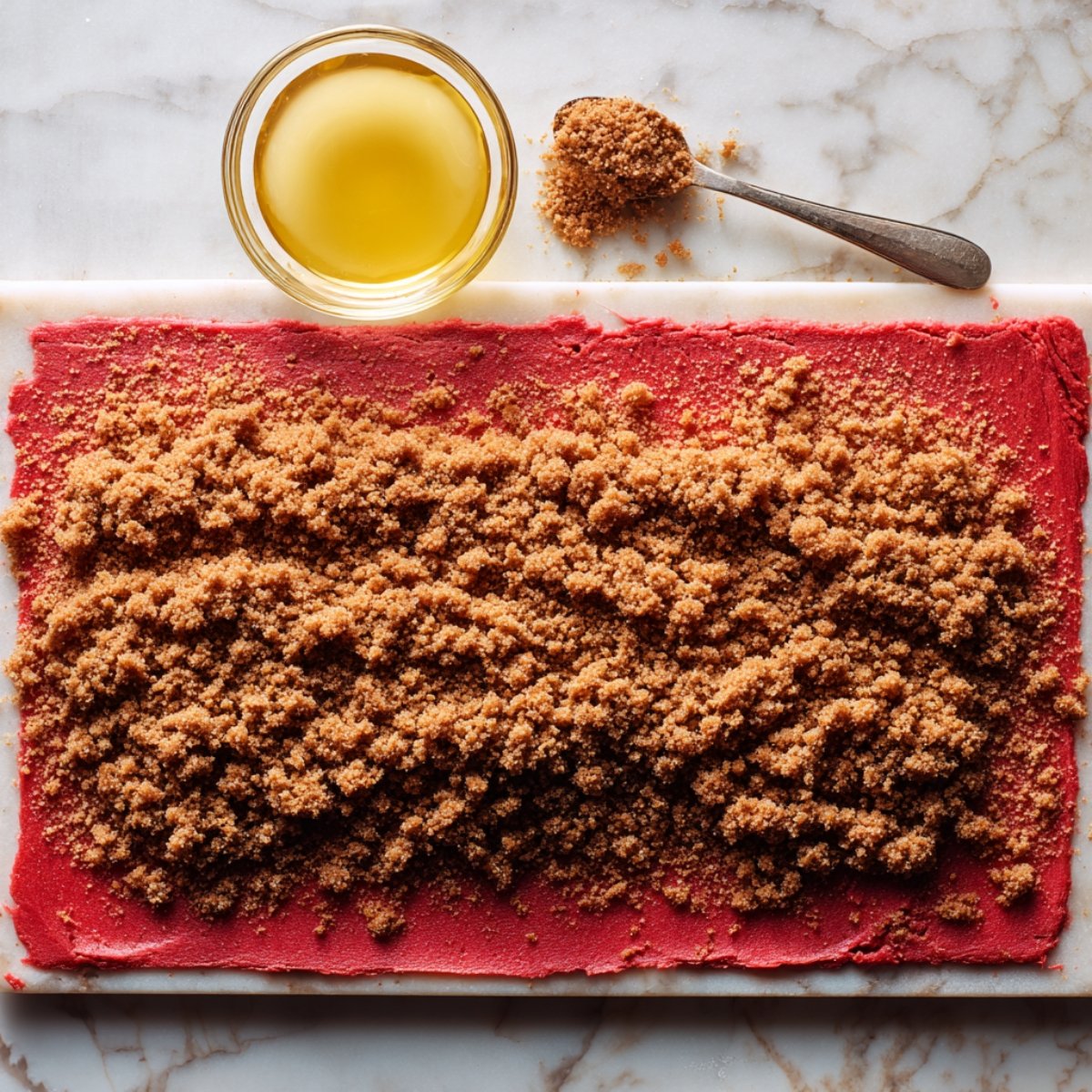 “Top‑down image of the red‑velvet dough slab on marble, a spoon scattering crumbly cinnamon–brown‑sugar filling evenly across its surface, and a small bowl of melted butter at the edge.