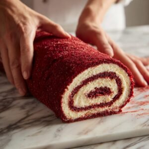 “Overhead view of a floured marble countertop showing a bright red‑velvet dough rectangle rolled out under a wooden rolling pin, with a metal ruler alongside for scale.