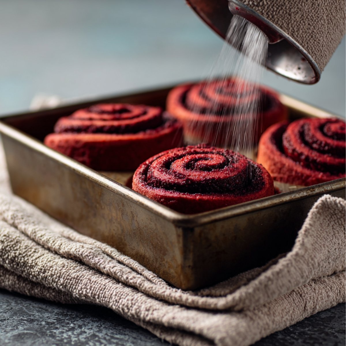 “Close‑up of two hands gently folding and kneading vibrant red dough on a lightly floured marble surface, with soft natural light highlighting the texture.