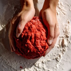 “Warm close‑up of a hand holding a spoon to drizzle glossy white cream‑cheese icing over freshly baked red‑velvet cinnamon rolls in a bronze baking pan.