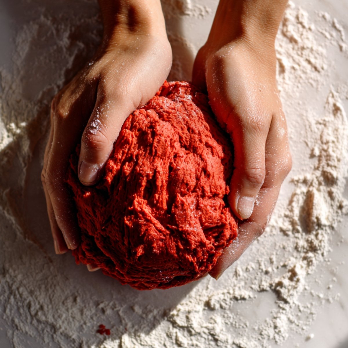 “Warm close‑up of a hand holding a spoon to drizzle glossy white cream‑cheese icing over freshly baked red‑velvet cinnamon rolls in a bronze baking pan.
