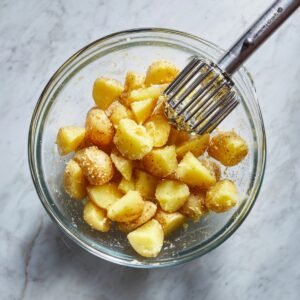 A bright, close overhead of a clear glass mixing bowl on a marble countertop, filled with halved, cooked russet potatoes and a hand pressing down with a metal potato masher