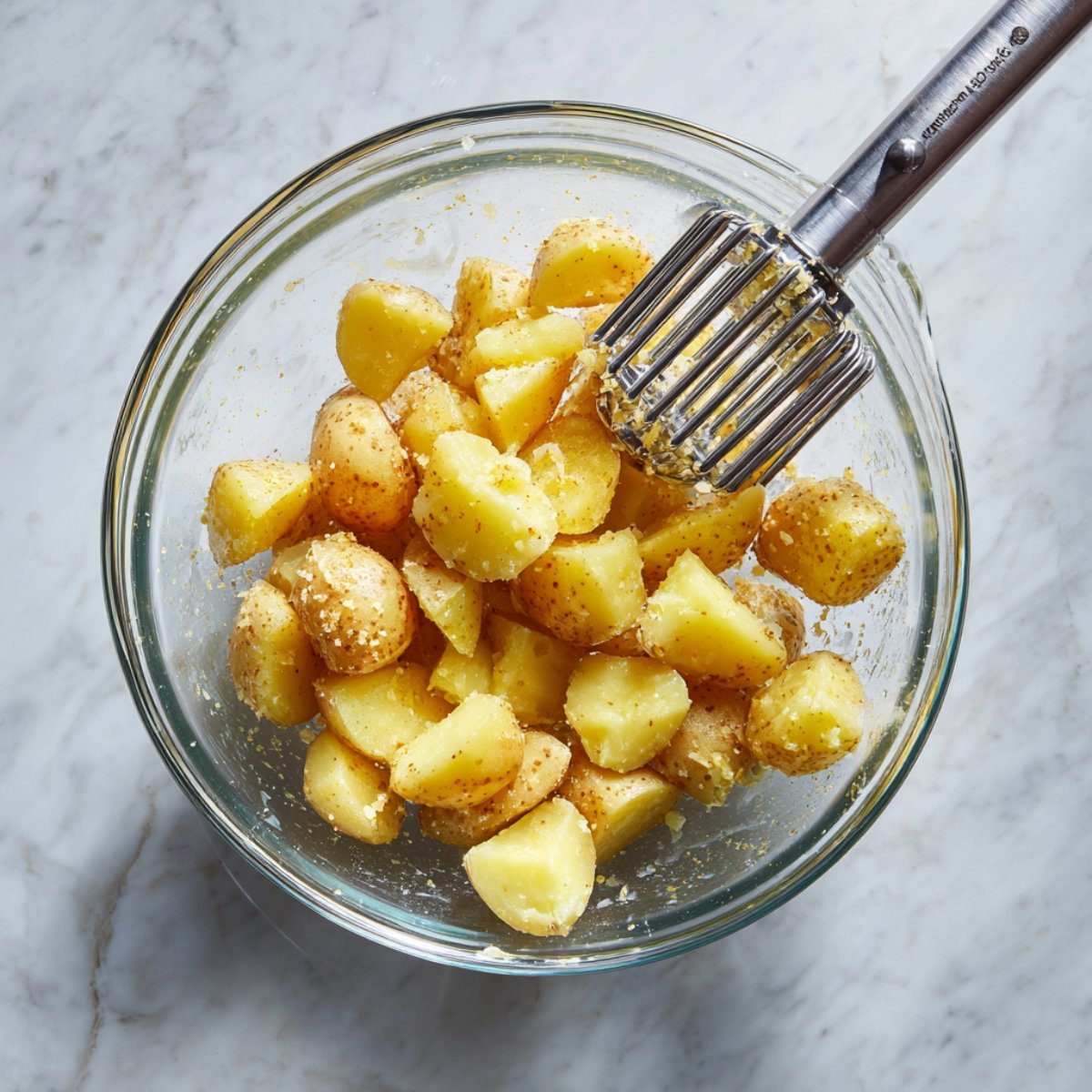 A bright, close overhead of a clear glass mixing bowl on a marble countertop, filled with halved, cooked russet potatoes and a hand pressing down with a metal potato masher