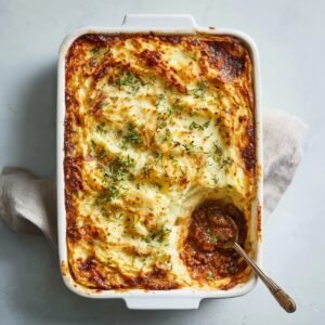 A top‑down view of a white rectangular ceramic baking dish holding baked shepherd’s pie: the mashed‑potato crust is golden‑brown and lightly sprinkled with fresh herbs, and one corner has been scooped out to reveal the rich meat and vegetable filling beneath.