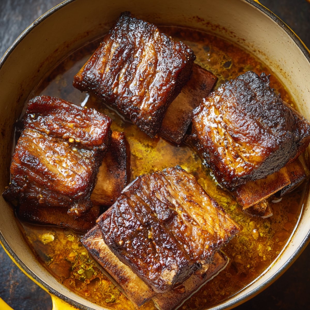 Top‑down image of four deeply browned short ribs arranged in a yellow‑enameled pot, their seared edges glistening with rendered beef fat.